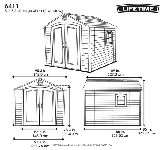 Lifetime 8x7.5 ft Plastic Outdoor Storage Shed Kit (6411) - Dimensions